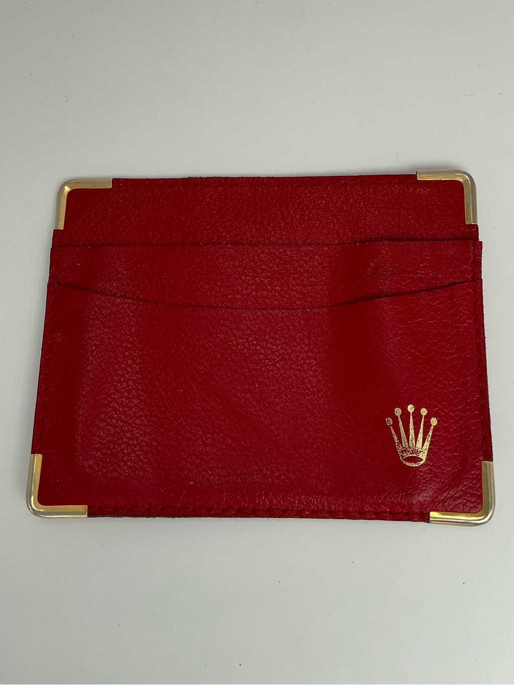 Rolex Red Leather Card Holder Wallet Gold Corner Trim Swiss Made